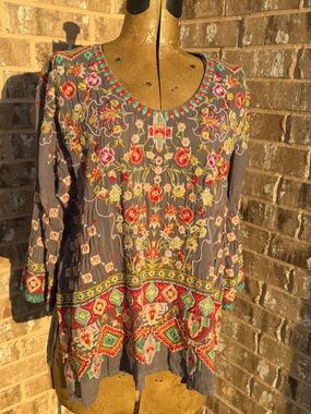 Johnny Was Sandra Blouse Floral Tunic Top - Gray with Multicolor Accents